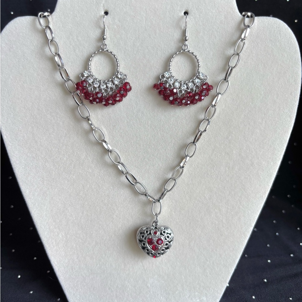Silver Heart Pendant Necklace and Ruby Bead Hoop Earrings Set